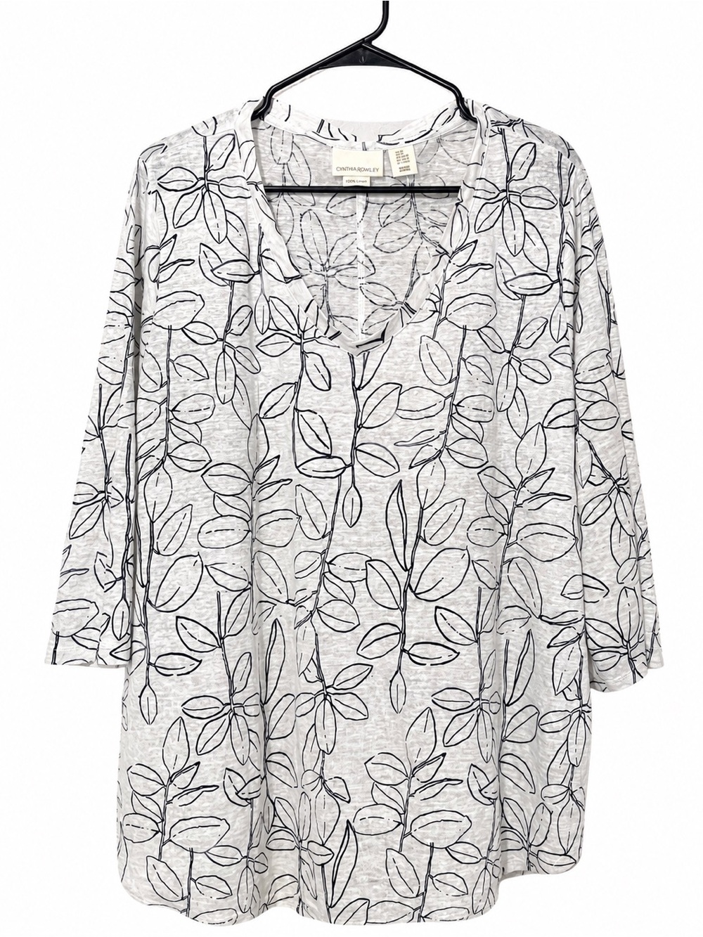 Cynthia Rowley 100% Linen Black White Leaf Print Tunic Top Relaxed Fit